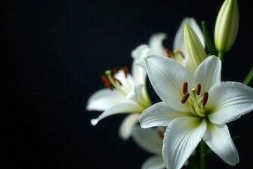 Fototapeta premium Elegant white lilies, close-up, dark backdrop , peace, luxury, black background