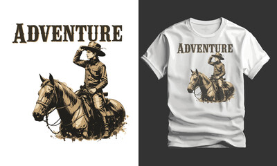 HAdventure Begins in the Saddle, Boy and Horse Vintage Typography T-shirt design