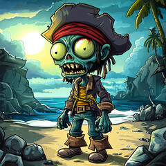 cartoon pirate zombie with glowing eyes standing on moonlit tropical beach, undead character in red headband and tattered clothes with spooky pirate ship background