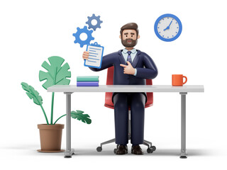 A man reviews a document at a desk, symbolizing work, planning, or organization. 3D rendering, conceptual image. Isolated on white background.