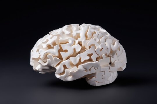 Human brain model with fading puzzle pieces symbolizing memory loss with copy space. Soft dramatic light. Dark clinical background.