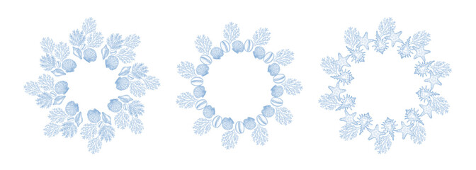 Set of three vintage sea wreaths with corals and shells. Hand drawn marine frames in engraving style for nautical or beach-themed design. Set of vintage sea wreaths with shells and corals.