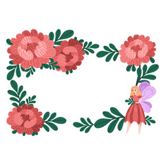 Vector botanical wreath with red peonies and fairy. Flat design flower composition with leaves. Elegant floral clipartIllustration for wedding designs, cards, and floral branding