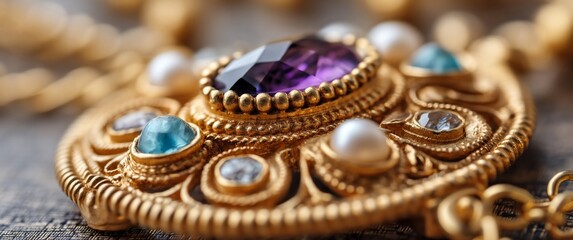Gold pendant with gems and pearls, detailed and ornate close-up shot