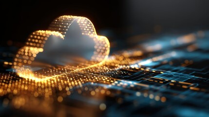 Glowing digital cloud made of particles hovering above a circuit board surface.