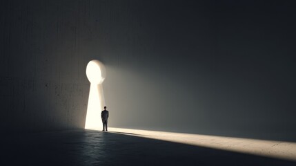 Man standing in front of giant keyhole-shaped light beam in dark room.