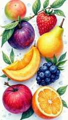 Vibrant watercolor exotic fruits, lush details, sweet, colorful