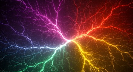 Fototapeta premium Chromatic Discharge Rainbow's Fury Spectral Convergence Electric Bloom Energy Nexus Prismatic Storm Radiant Chaos Lightning's Embrace Aetherial Dance Celestial Sparks AI Generated