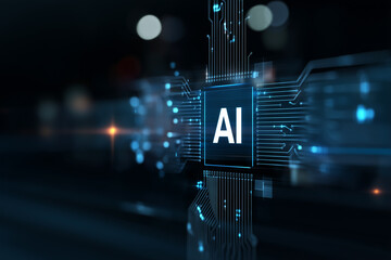 Abstract futuristic background with the word "AI" and circuit board elements on a dark blue backdrop
