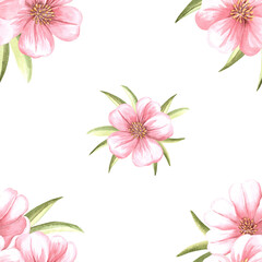 Almond branches with pink flowers and green leaves watercolor seamless pattern. Hand drawn illustration from sakura or cherry blossom. Floral background of spring blooming. Template for wallpaper.