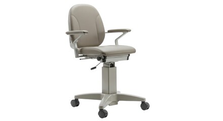 A light gray adjustable chair with armrests and wheels on a white background in a studio setting