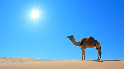 Golden sand dunes under blue sky with distant camel silhouette, conveying solitude and vast desert beauty