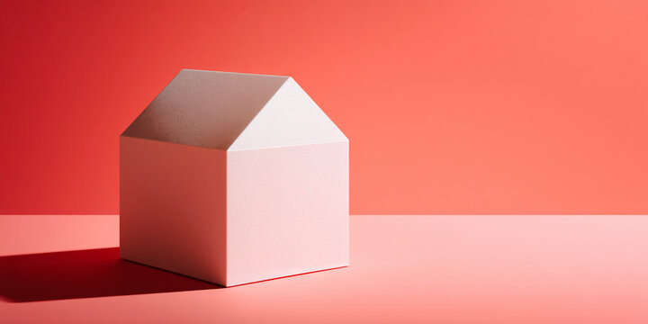 White house-shaped box on coral background, showcasing minimalist design and clean lines, symbolizing simplicity, new beginnings, and homeownership