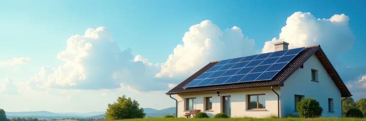 Soft blue sky, puffy clouds, house with solar panels, clouds, bright