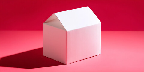 Fototapeta premium White house-shaped box on pink background, showcasing blank space for branding or text, ideal for product presentation or minimalist design