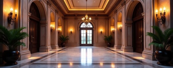 Fototapeta premium Spacious foyer with dramatic lighting and intricate trim, decor, spacious