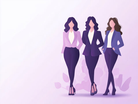 Stylish women in business attire standing confidently against soft purple background. Their professional outfits and poised demeanor convey empowerment and elegance