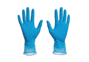 Fototapeta premium Two blue medical gloves isolated on a white background showing palms and fingers clearly displayed