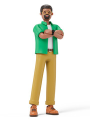 A man with arms crossed, symbolizing confidence or self-assuredness. 3d rendering, conceptual image. Isolated on white background.