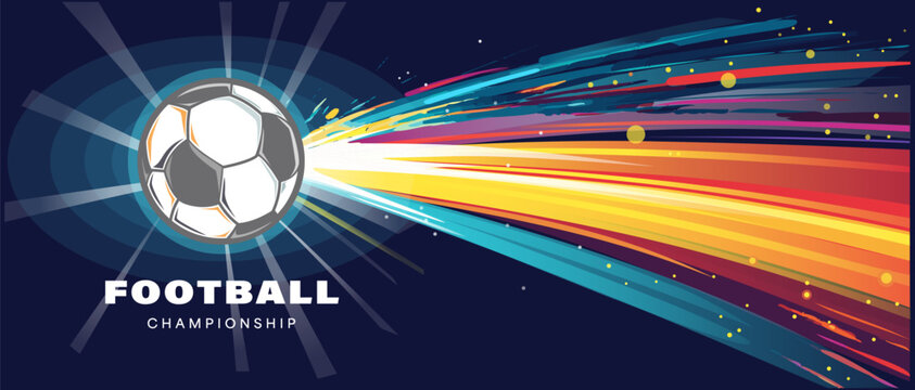 A dynamic vector illustration featuring a soccer ball emitting streaks of vibrant light in various colors against a dark blue background