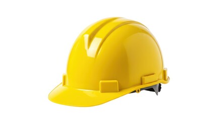 A close up shot of a yellow hard hat with a white background in a studio setting with good lighting