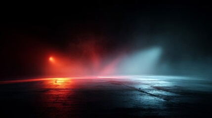 Dramatic red and blue spotlights shining on empty wet asphalt in darkness.