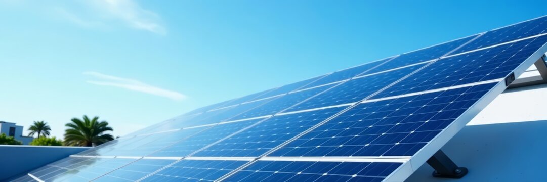 Close up of solar panels on modern building rooftop with blue sky in background, alternative energy, architecture