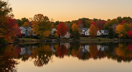 Fototapeta premium Autumn's Golden Embrace: Lakeside Homes Mirrored in Sunset Hues AI Generated