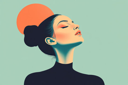 stylized illustration of woman with bun hairstyle, featuring bold orange circle behind her head. artwork s vibrant colors and modern aesthetic, emphasizing elegance and confidence