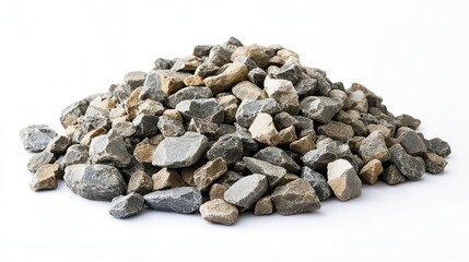 Pile of rough, angular rocks and stones, varying in size, resting on a clean, white surface, outdoors.