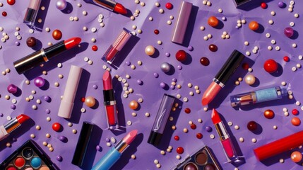Top view of colorful lipsticks and palettes on lilac paper with decorative pearls