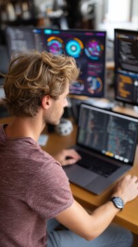 Man focused on coding, using laptop with multi monitor setup at desk