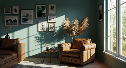 Sunlit Living Room: 3D Render of a Cozy Interior with Leather Armchair AI Generated