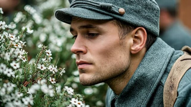 Soldier in a vintage cap looks pensively at the white flowers, other soldiers slightly blurred in background, outdoor daylight