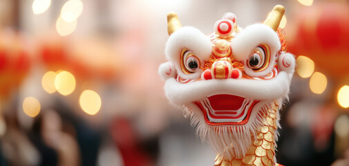 Traditional dragon dance performance with vibrant colors and festive , intricate details of dragon head. celebration evokes excitement and cultural pride