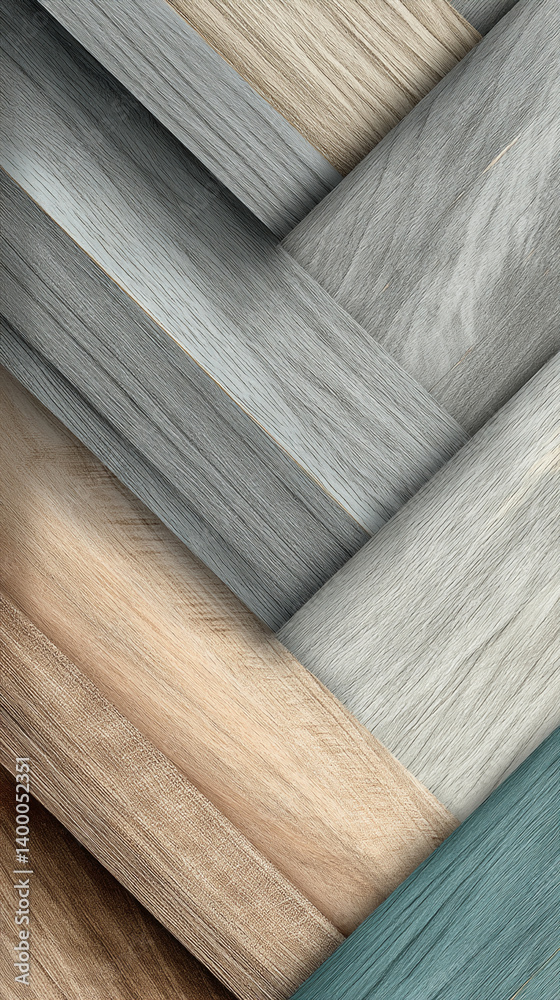 Poster Abstract image of overlapping wood planks in beige, grey, and teal hues, creating a geometric pattern, showcasing texture and design for background use