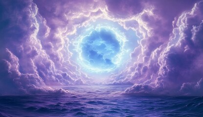 Vast, ethereal, luminous sky hole, surrounded by dramatic clouds, over a calm sea