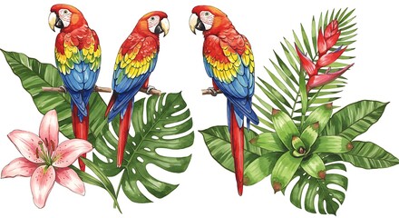 Fototapeta premium Vibrant Watercolor Macaws Amidst Lush Tropical Flora AI Generated