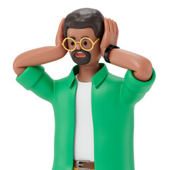 A man with hands on head, symbolizing stress or exasperation. 3D rendering, conceptual image. Isolated on white background.