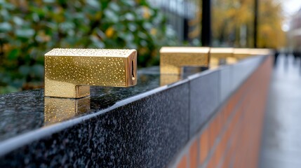 Golden water spouts on dark granite in modern urban design