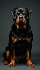 Obraz premium Powerful Rottweiler, muscular physique, alert expression, shadow, sitting