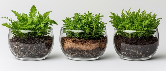 Three Glass Planters with Lush Green Plants and Rich Soil Showcasing Gardening and Nature Aesthetics