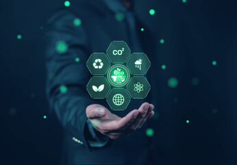 CO2 or Carbon Concept with icons. CO2 emissions with clean energy and limiting global warming....