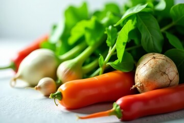 Close-up of various leafy greens and root vegetables on display, plant-based, sustainable, veggies