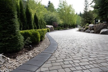 Obraz premium Walking on Brick Path Through Landscaped Garden with Trees and Shrubs