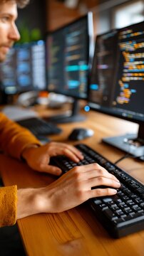 Programmer at work with code on multiple monitors, keyboard in foreground