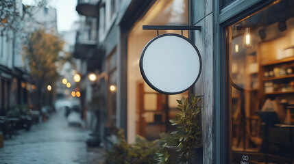Blank round sign hanging outside a store in an urban street setting. AI Generated Images