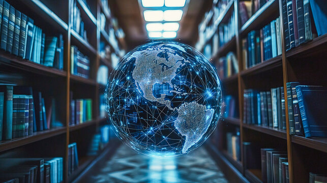 Global Education Network, a vibrant globe surrounded by interconnected books symbolizing universal access to knowledge and learning