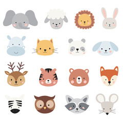 Fototapeta premium Vector set of cute cartoon animal faces in flat style. Includes lion, bear, bunny, cat, panda, elephant, tiger, deer, and more. Perfect for kids design, nursery decor, and baby products. EPS 10