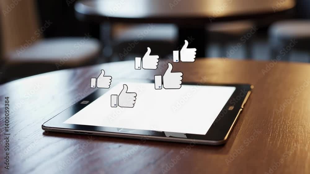Poster Multiple thumbs up icons are gradually appearing over a blank tablet computer screen, symbolizing increasing social media approval and positive feedback